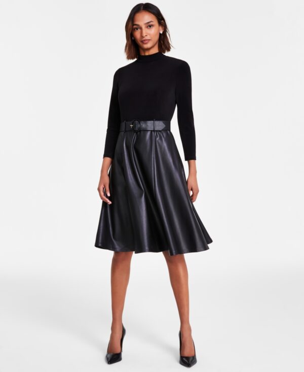 Calvin Klein Women's Faux-Leather-Skirt A-Line Dress - Black