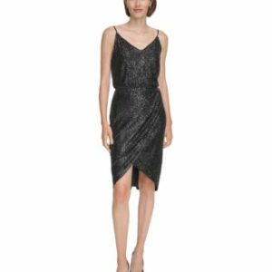 Calvin Klein Womens Sequin Camisole Faux Wrap Midi Skirt