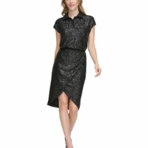 Calvin Klein Womens Sequin Short Sleeve Top Faux Wrap Midi Skirt