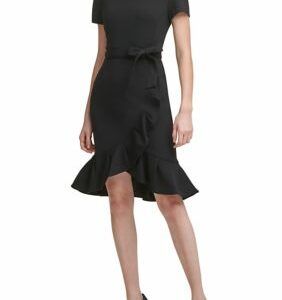 Calvin Klein Women's Short Sleeve Boat Neck Tie Wrap Waist Ruffle Skirt Solid Fit and Flare, Black, 14