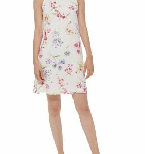 Calvin Klein Women's Sleeveless Ivory Floral Chiffon Trapeze Dress, 2