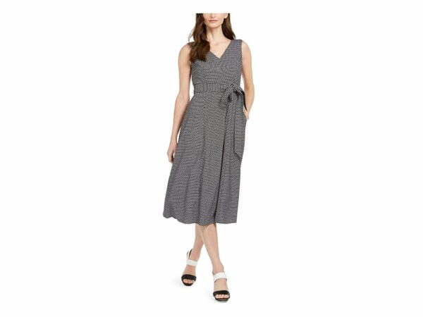 Calvin Klein Women's Sleeveless V Neck Midi Dress with Self Sash Waist (Black White) Women's Dress