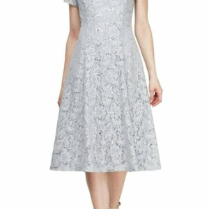 Cap Sleeve Tea Length Sequin Lace Dress In Silver