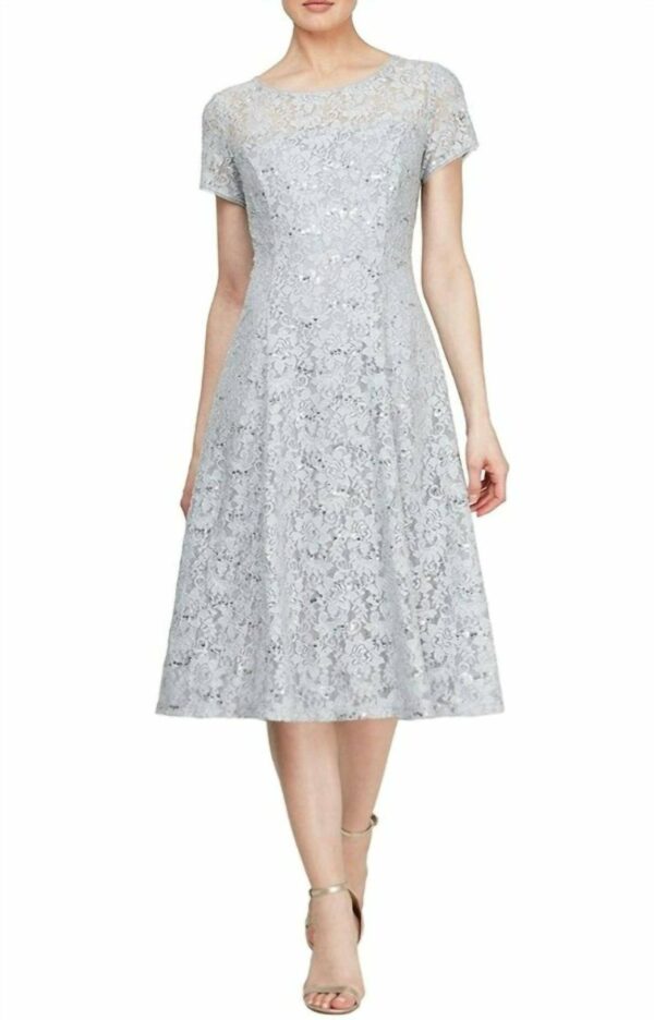 Cap Sleeve Tea Length Sequin Lace Dress In Silver