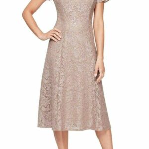 Cap Sleeve Tea Length Sequin Lace Dress In Taupe