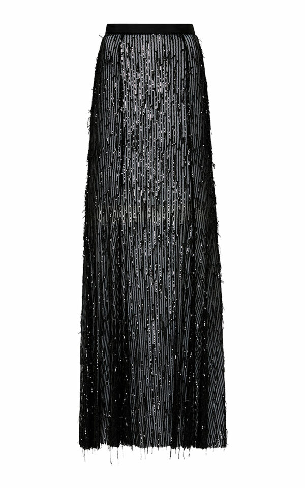 Carla Zampatti - Fringed Sequin Godet Maxi Skirt - Black - AU 14 - Moda Operandi