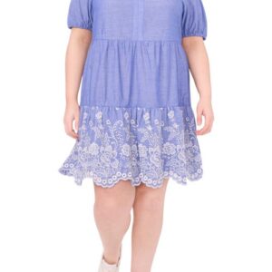 CeCe Eyelet Trim Babydoll Dress in Blue Air at Nordstrom, Size 1X