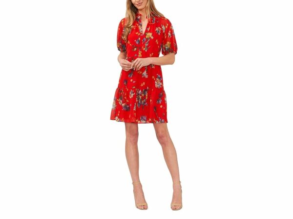 CeCe Floral Short Sleeve Babydoll Dress (Fiery Red) Women's Dress