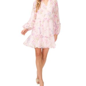 CeCe Women's Floral Print Swiss Dot Babydoll Dress - Corsage