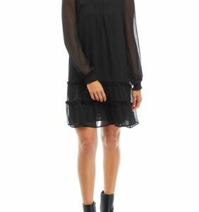 CeCe Women's Petite Long Sleeve Smock Yoke Tiered Dress, Black, PS