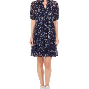 CeCe Women's Printed Split-Neck Short-Sleeve Babydoll Dress - Classic Navy