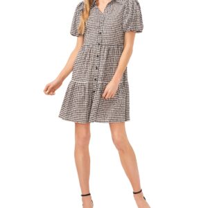 CeCe Women's Puff Sleeve Gingham Babydoll Mini Dress - Rich Black