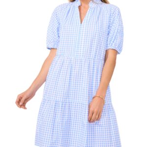 CeCe Women's Short-Sleeve Cotton Gingham Babydoll Dress - Ocean Spray