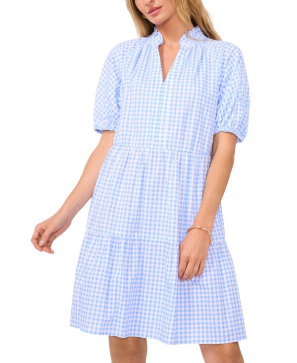 CeCe Women's Short-Sleeve Cotton Gingham Babydoll Dress - Ocean Spray