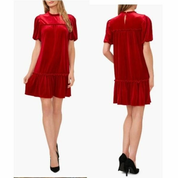 Cece Ruffle Velvet Babydoll Dress, Luminous Red, Sz. S, Women's (Size Small)