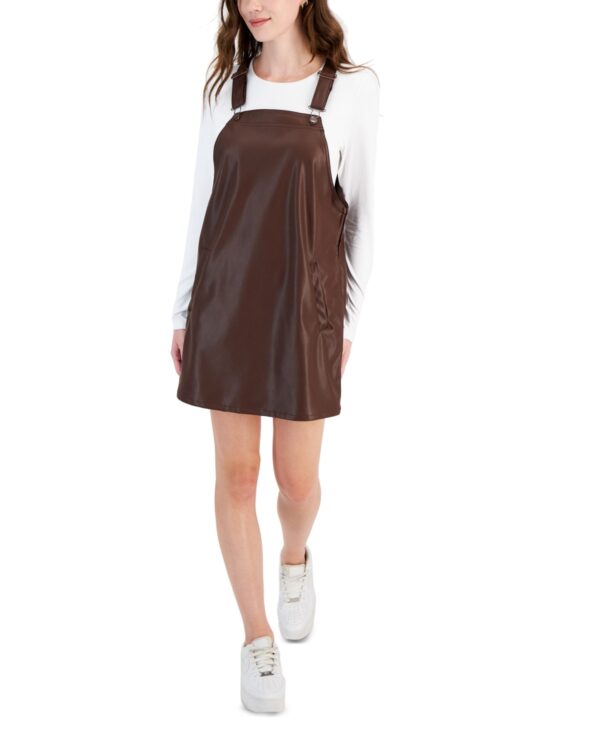 Celebrity Pink Juniors' Faux-Leather Sleeveless Pinafore Mini Dress - Brown