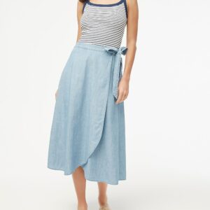 Chambray pull-on faux-wrap skirt