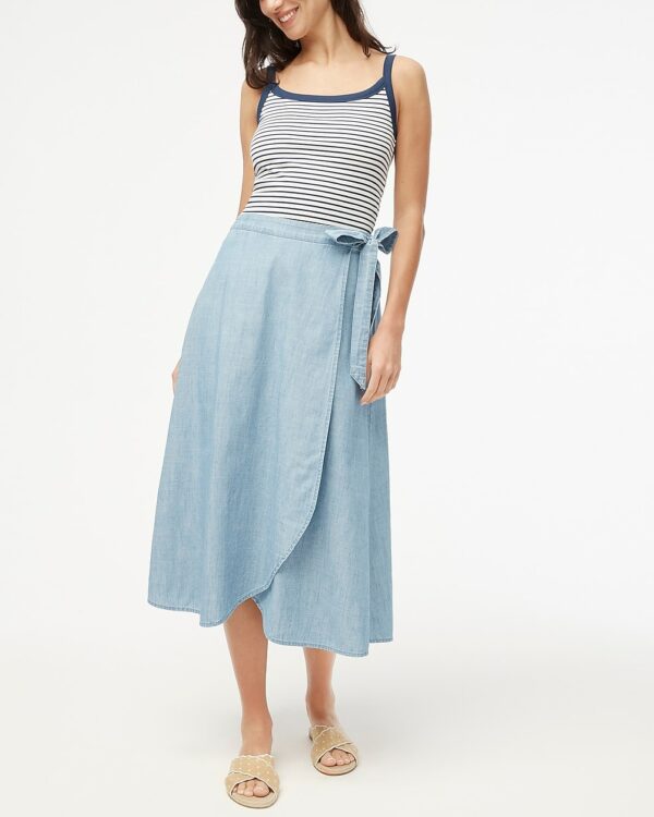 Chambray pull-on faux-wrap skirt