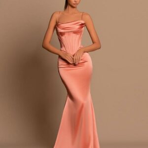 Charming Tube Ruched Satin Long Evening Dress Spaghetti Straps Mermaid Prom Dress