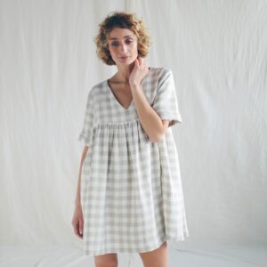 Checkered Linen Smock Mini Dress Cecile/Offon Clothing