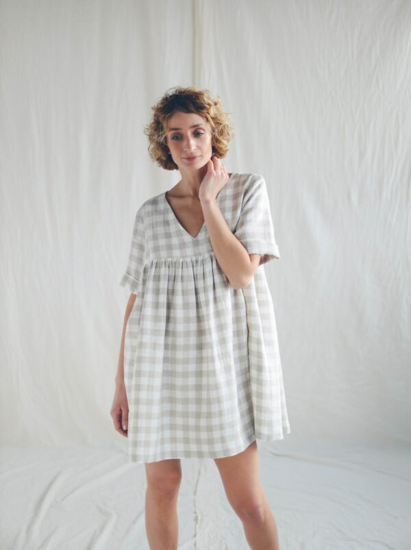 Checkered Linen Smock Mini Dress Cecile/Offon Clothing