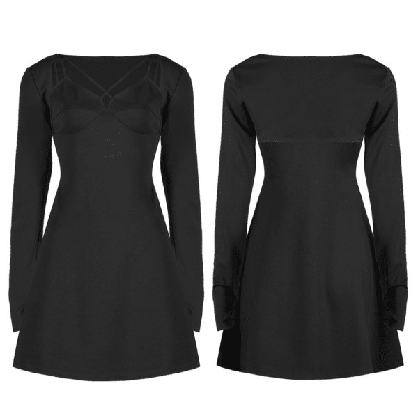 Chic A-Line Black Dress with Bandage Detail and Sleeves