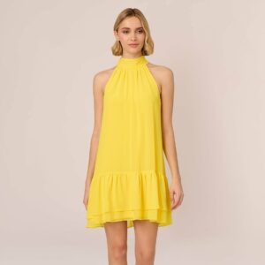 Chiffon Mock Neck Trapeze Dress With Flounce Hem In Hyper Yellow