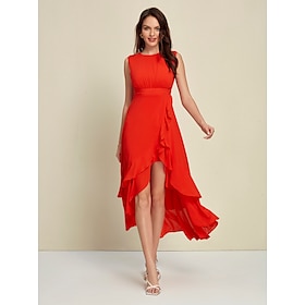 Chiffon Ruffle Hem Orange Red Sleeveless Party Maxi Dress