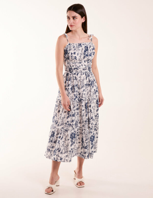 Chintz Print Elastic Smock Dress - S / BLUE