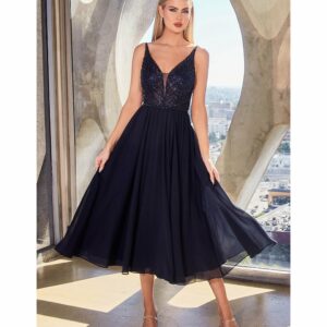 Cinderella Divine Navy Beaded Chiffon Tea Length Dress