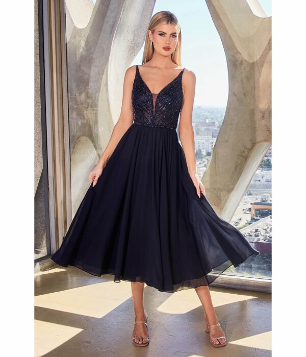 Cinderella Divine Navy Beaded Chiffon Tea Length Dress