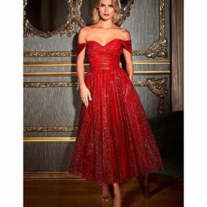 Cinderella Divine Red Glitter Off The Shoulder Tea Length Dress