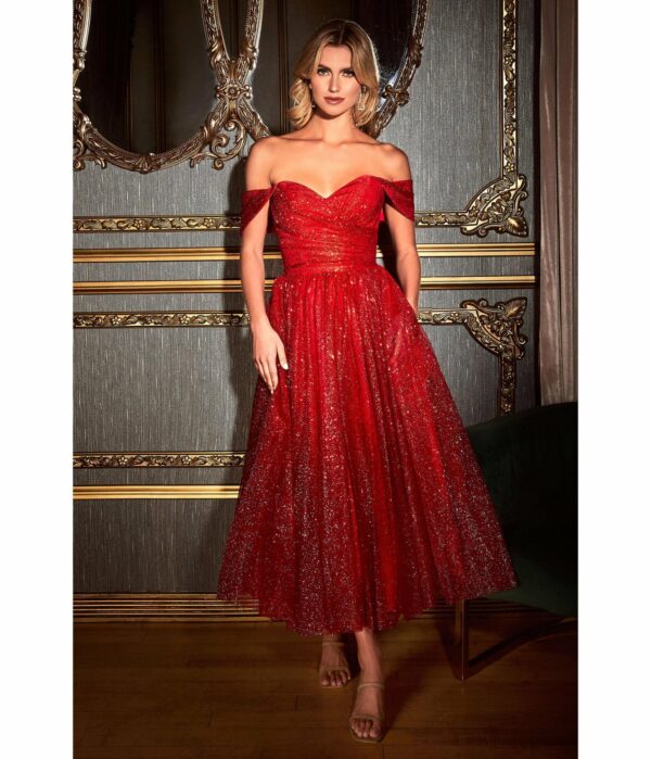 Cinderella Divine Red Glitter Off The Shoulder Tea Length Dress