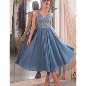 Cinderella Divine Smoky Blue Beaded Chiffon Tea Length Dress