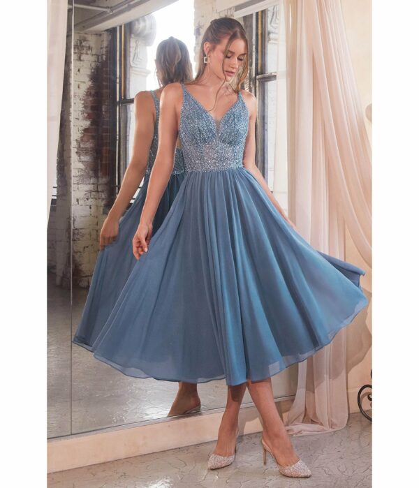 Cinderella Divine Smoky Blue Beaded Chiffon Tea Length Dress