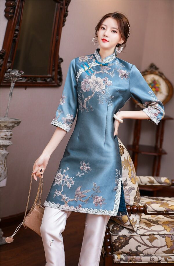 Classical China Above Knee Autumn Winter Cheongsam Dress, Chinese Vintage Qipao Dress Jacquard Floral, Tea Ceremony, Shanghai Woman