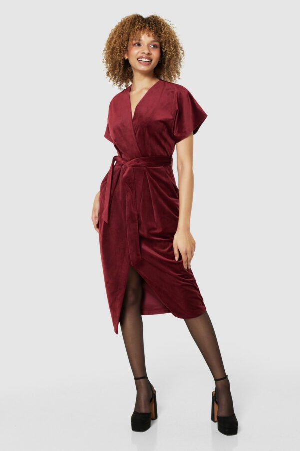 Closet London Burgundy Velvet Kimono Sleeves Wrap Pencil Midi Dress