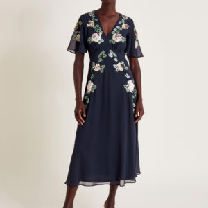 Cora Floral Embellished Midi Tea Dress Blue