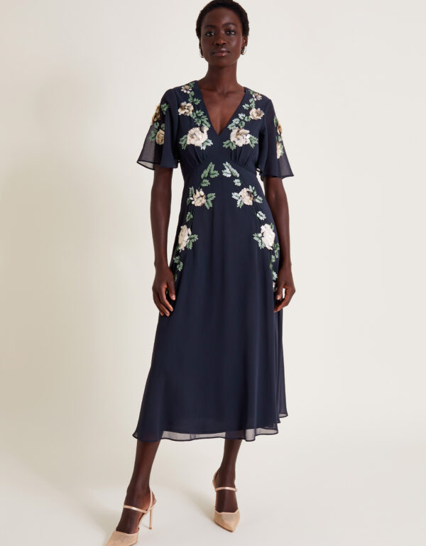 Cora Floral Embellished Midi Tea Dress Blue