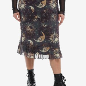 Cosmic Aura Celestial Skull Asymmetrical Midi Skirt Plus Size