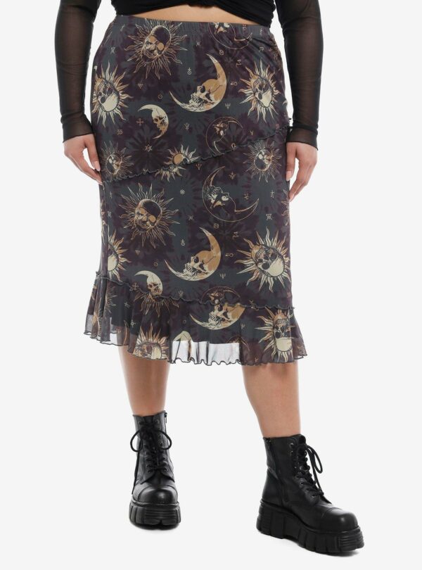 Cosmic Aura Celestial Skull Asymmetrical Midi Skirt Plus Size