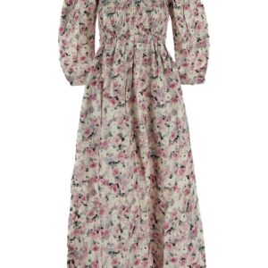 Cotton Open-neck Smock Long Dress