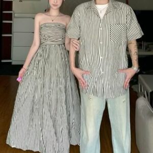 Couple Matching Short-Sleeve Collared Striped Shirt / Ruched Maxi A-Line Tube Dress