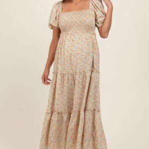 Cream Floral Smocked Tiered Puff Sleeve Maternity Maxi Dress