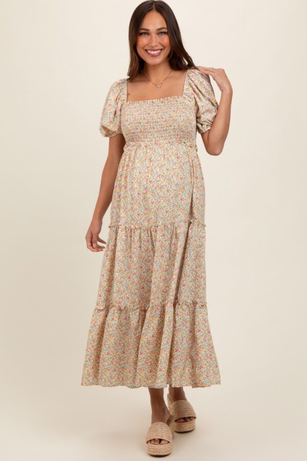 Cream Floral Smocked Tiered Puff Sleeve Maternity Maxi Dress