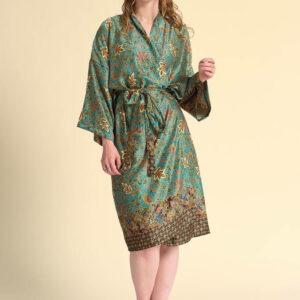 Cyan Tea; Silk Blend Kimono Dressing Gown, Cyan