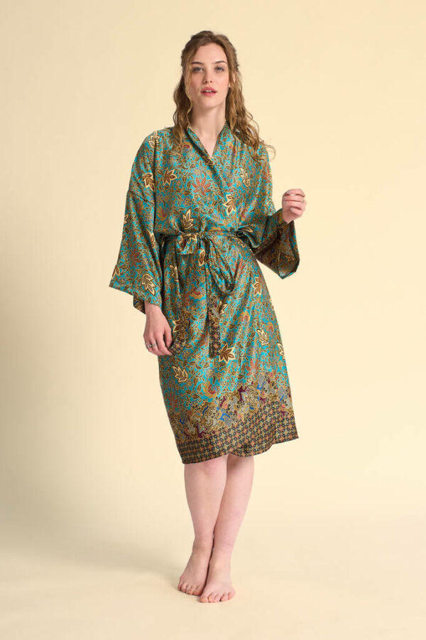 Cyan Tea; Silk Blend Kimono Dressing Gown, Cyan