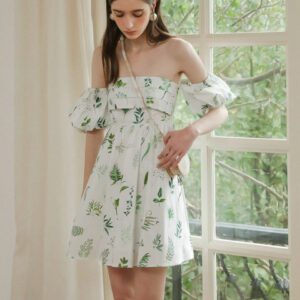 DD_Puff Sleeve Tube Top Leaf Dress - white