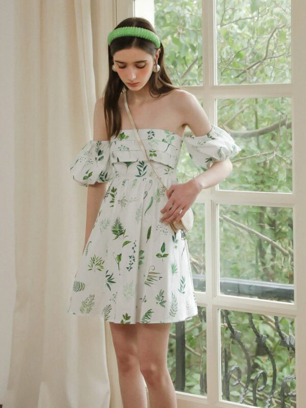 DD_Puff Sleeve Tube Top Leaf Dress - white