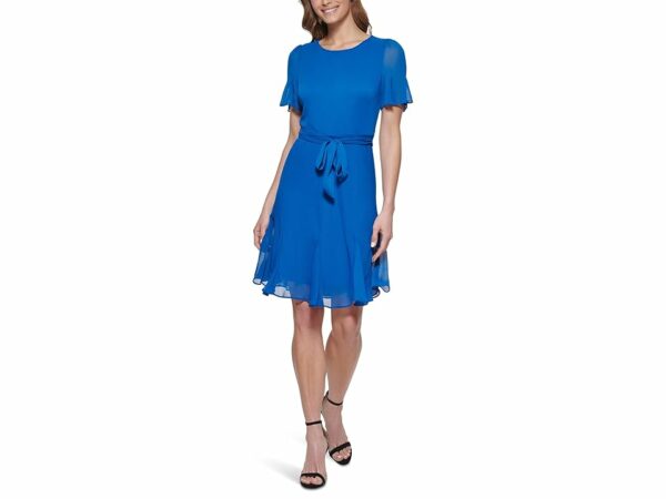 DKNY Godet Short Sleeve and Skirt w/ Tie Waist Dress (Blue Lagoon) Women's Clothing